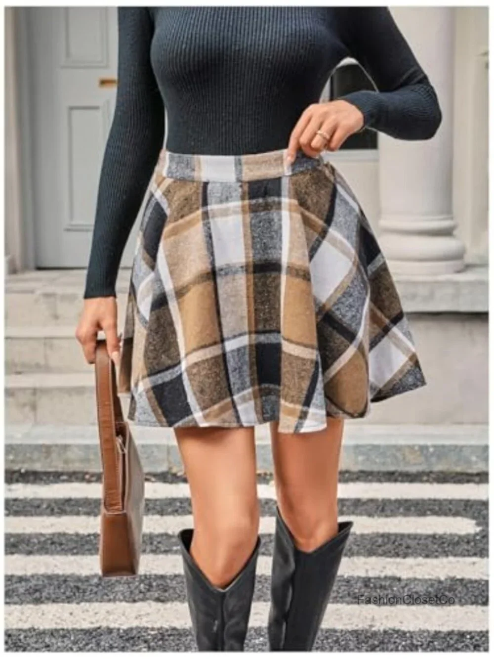 Plaid Flannel Skater Skirt High Waisted Flared A-Line Work Spring Midi Mini